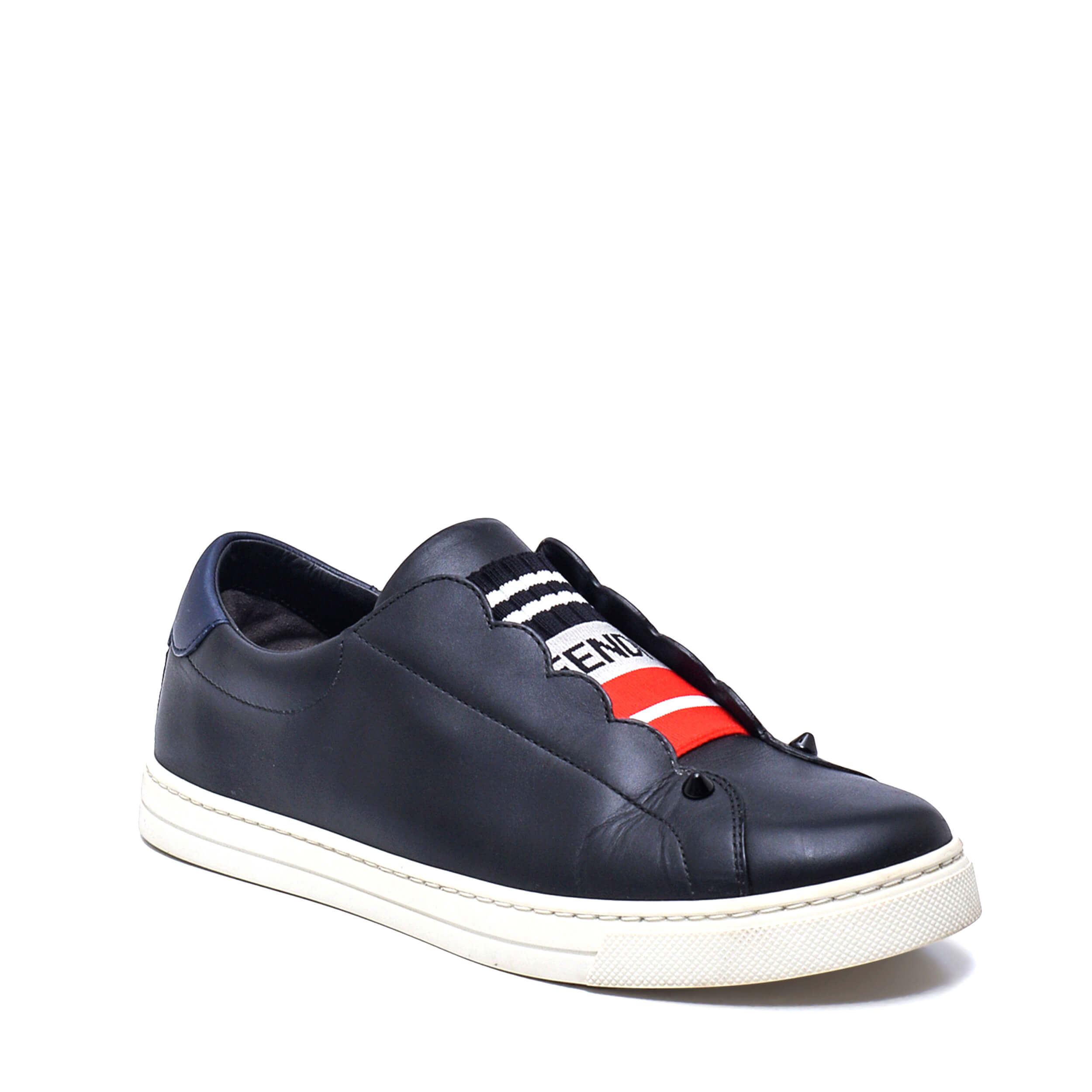 Fendi - Black Leather Rockoko Scallop Slip On Sneakers / 38